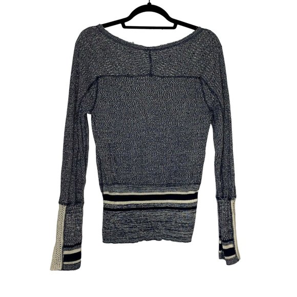 We The Free Size L Ribbed Cotton Navy Variegated Ivory Crochet Henley Top - Picture 3 of 10